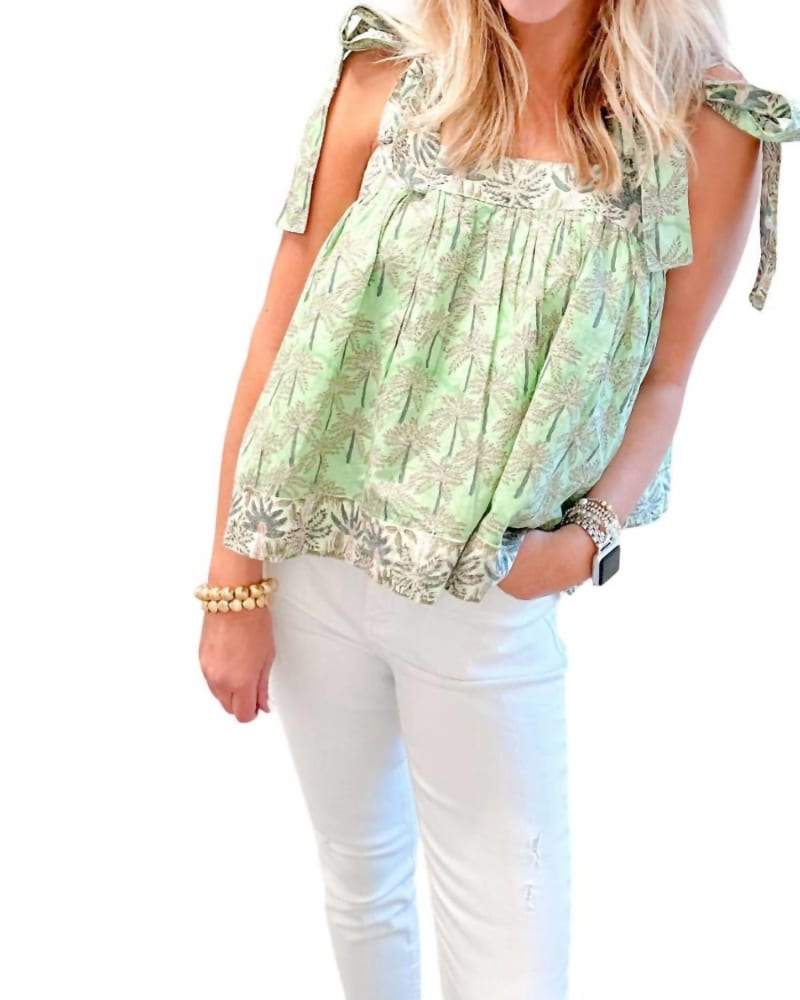 Front of a model wearing a size L Napa Blouse in Dusty Jade in Dusty Jade by VICTORIA DUNN. | dia_product_style_image_id:364303